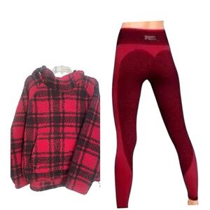PINK Bundle outfit Victoria Secret Red Black Plaid Sherpa Cozy Hoodie/legging
